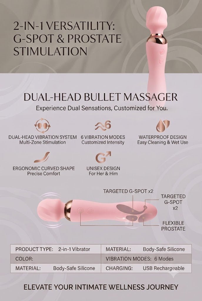 2-in-1 Vibrator Dual-Ended Wand Massager for Women, G-Spot & Clitoral Stimulation, 6 Modes - Mairalea