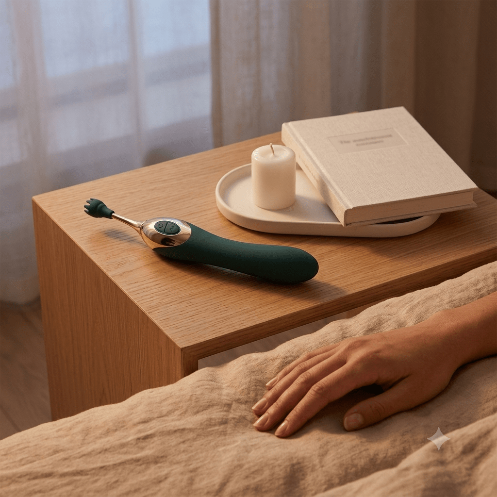 Discreet pen-shaped clitoral stimulator on bedside table, elegant lifestyle setting with warm ambient lighting