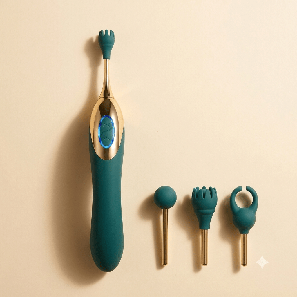 Silicone Dual Vibration Clitoral Stimulator Pen with 3 interchangeable stimulation heads in dark green
