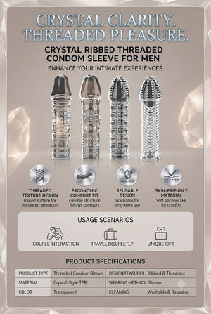 Threaded Condom Sleeve Male Condom Set, Crystal Extended Sleeve Fine Ring Design, Clear 4pcs - Mairalea