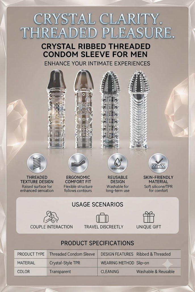 Threaded Condom Sleeve Male Condom Set, Crystal Extended Sleeve Fine Ring Design, Clear 4pcs - Mairalea