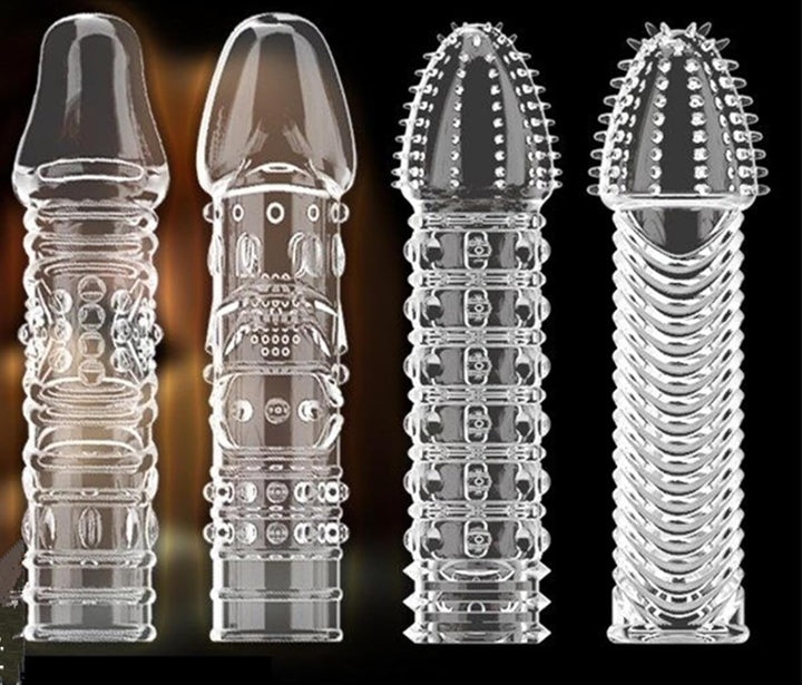Threaded Condom Sleeve Male Condom set with crystal extended sleeve design and fine ring texture, clear color 4pcs pack for enhanced comfort and stimulation - Mairalea